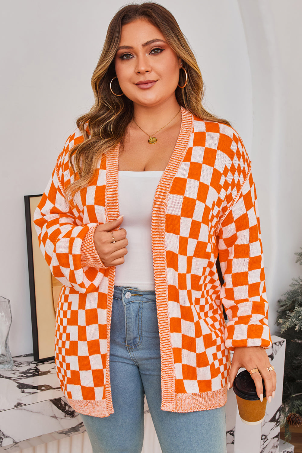 Checkered Bubble-Sleeve Cardigan