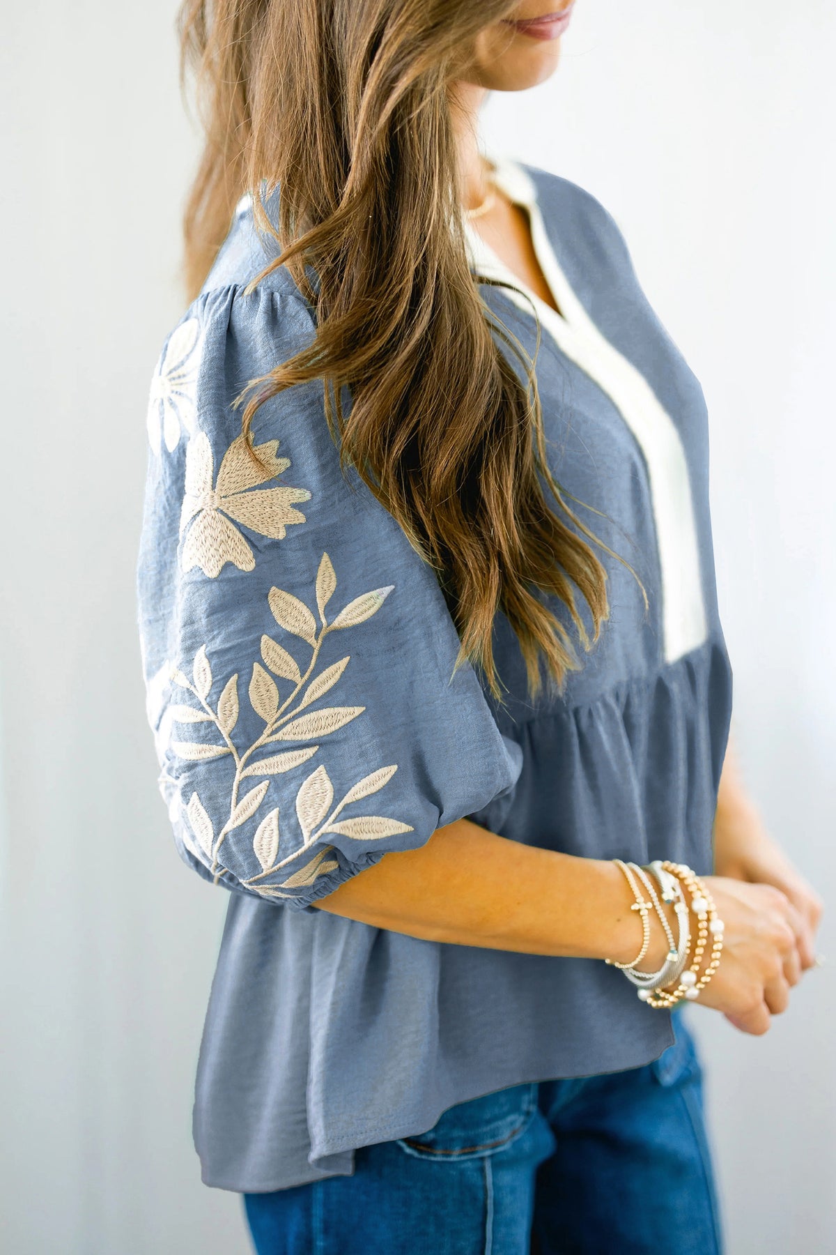 Embroidered Puff-Sleeve Babydoll Blouse