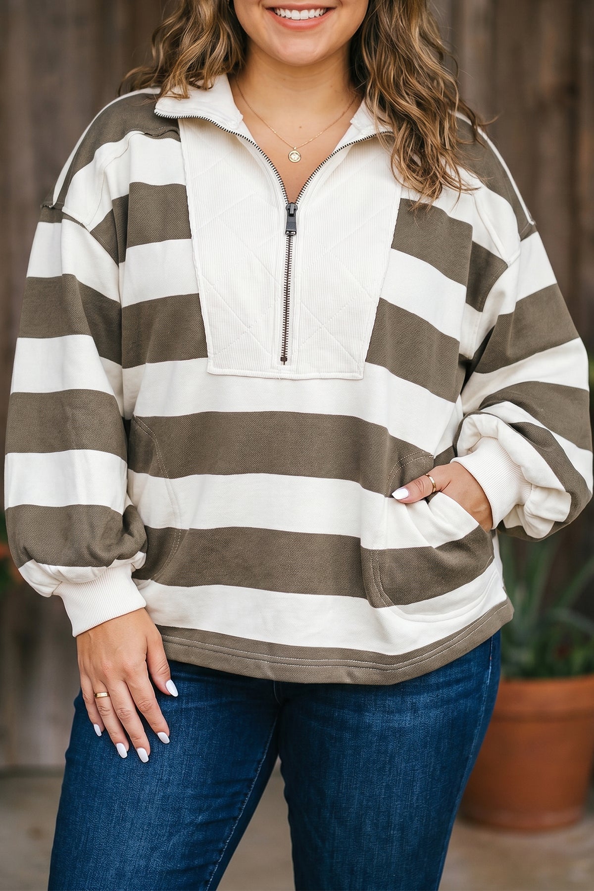 Green Stripe Half-Zip Sweatshirt