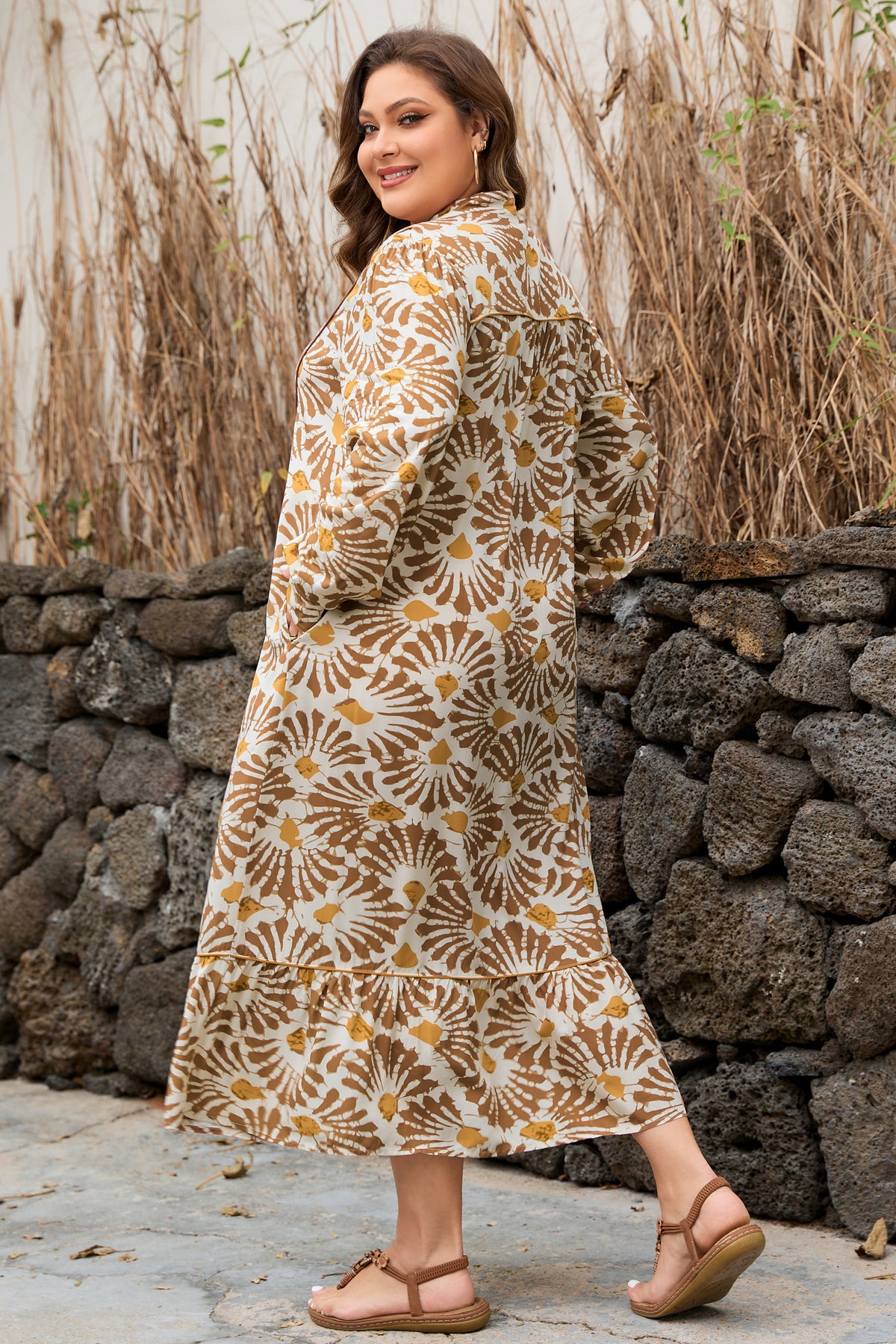 Khaki Abstract Botanical Maxi Dress