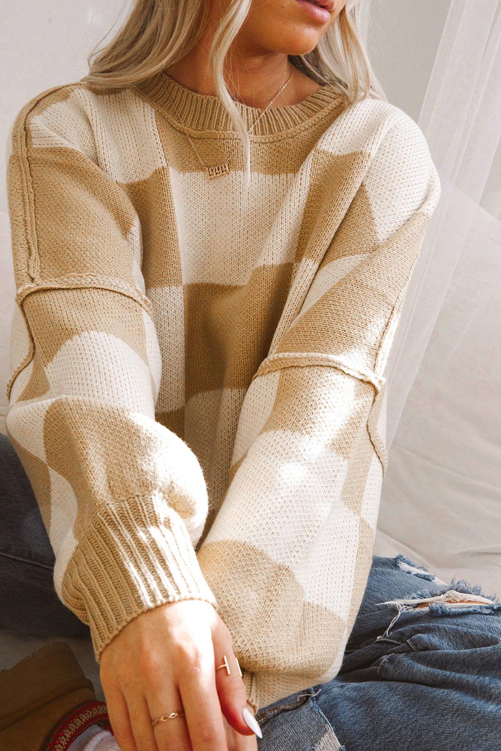Cedar Checkered Bishop Sleeve Sweater