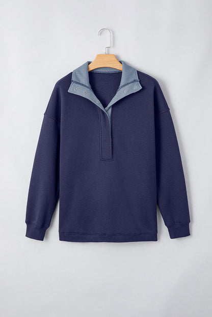Waffle Knit Contrast Collar Half Buttoned Sweatshirt