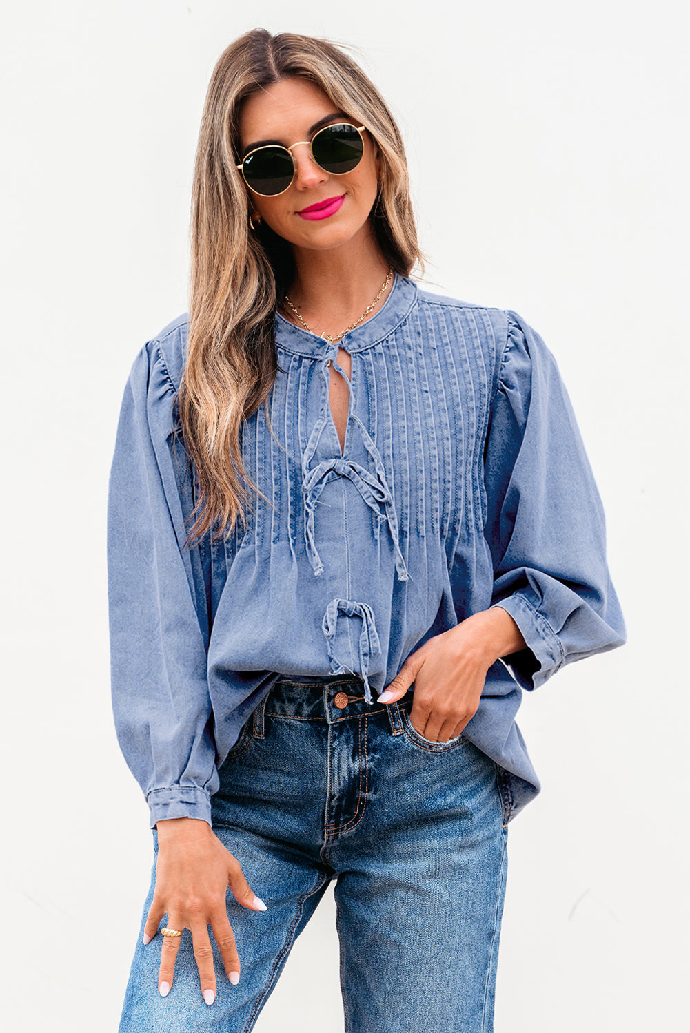Bluebell Denim Bow Puff Sleeve Top