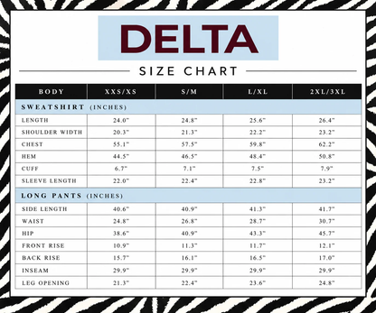 Official Delta T size chart showing sweatshirt and pant garment measurements in inches