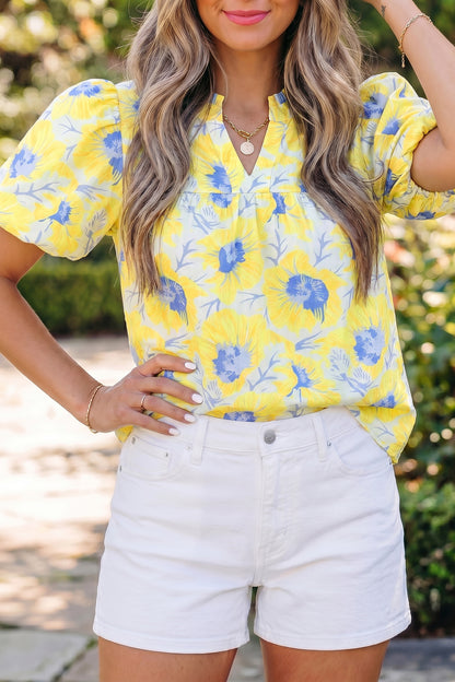 Floral Bubble-Sleeve Blouse