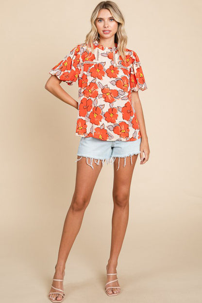 Floral Bubble-Sleeve Blouse