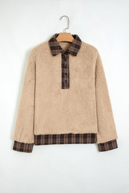 Plaid Patchwork Polo Collar Fleece Sweatshirt