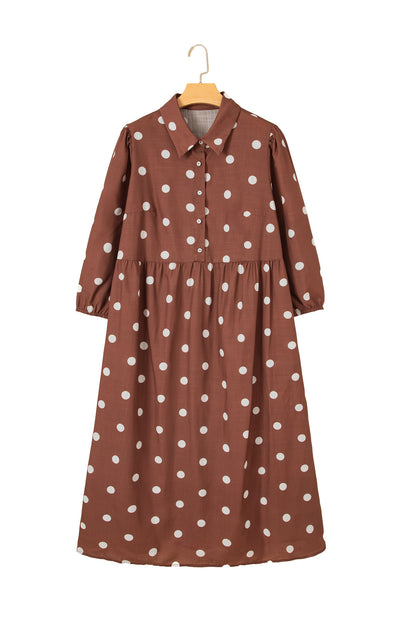 Brown Polka Dot Pocket Midi Dress