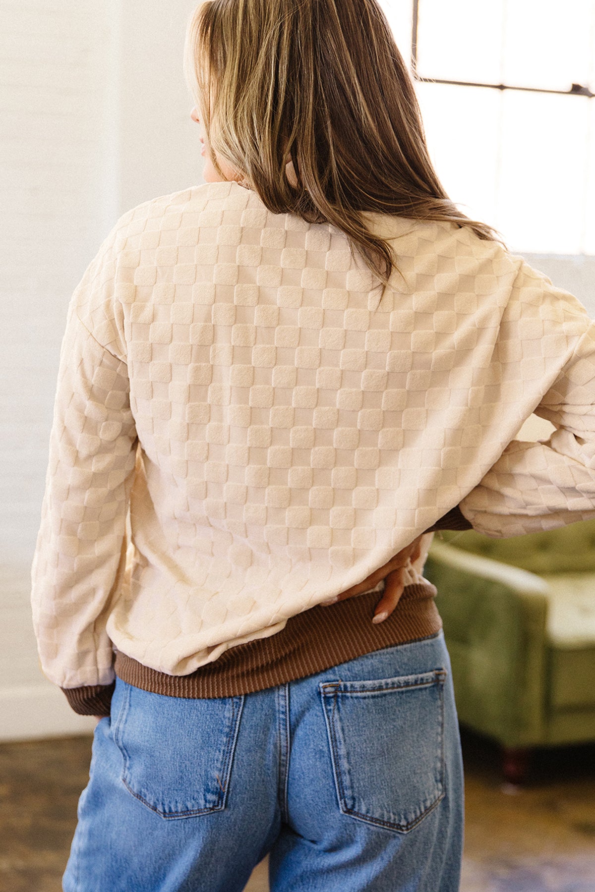 Parchment Check Contrast-Rib Top