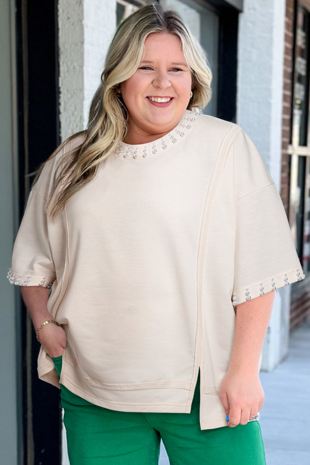 Beige Pearl Detail Tee