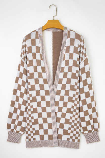 Checkered Bubble-Sleeve Cardigan
