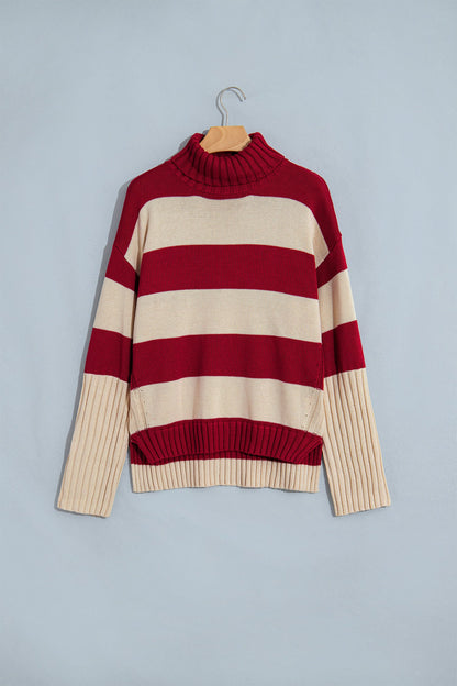 Stripe Ribbed Trim Turtleneck Drop Shoulder Sweater