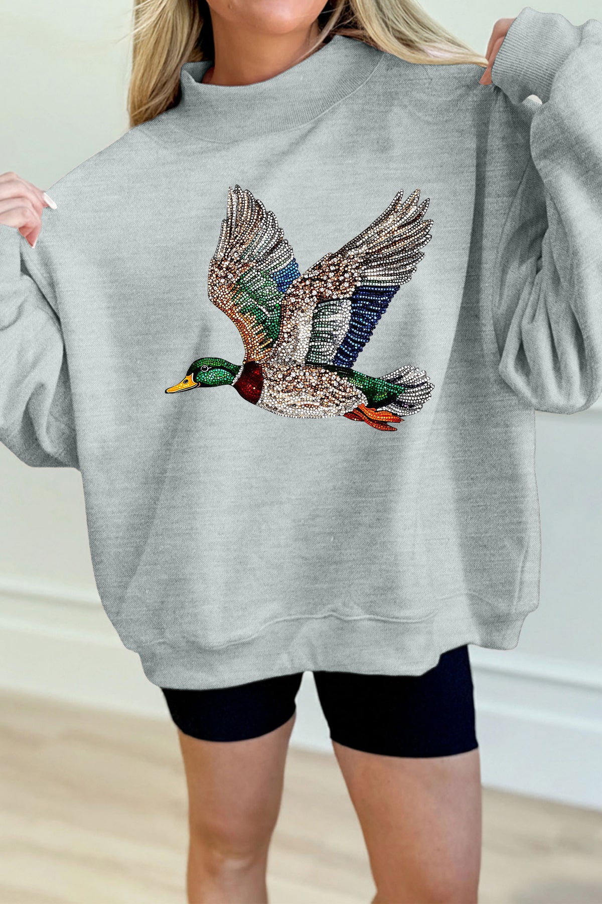 Gray Western Style Mallard Duck Printed Graphic Baggy Mock Neck Sweatshirt