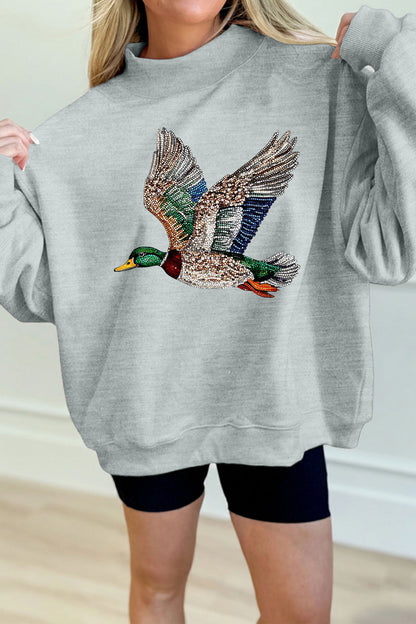 Gray Western Style Mallard Duck Printed Graphic Baggy Mock Neck Sweatshirt