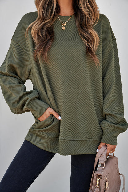Textured Round Neck Drop Shoulder Pullover Sweatshirt