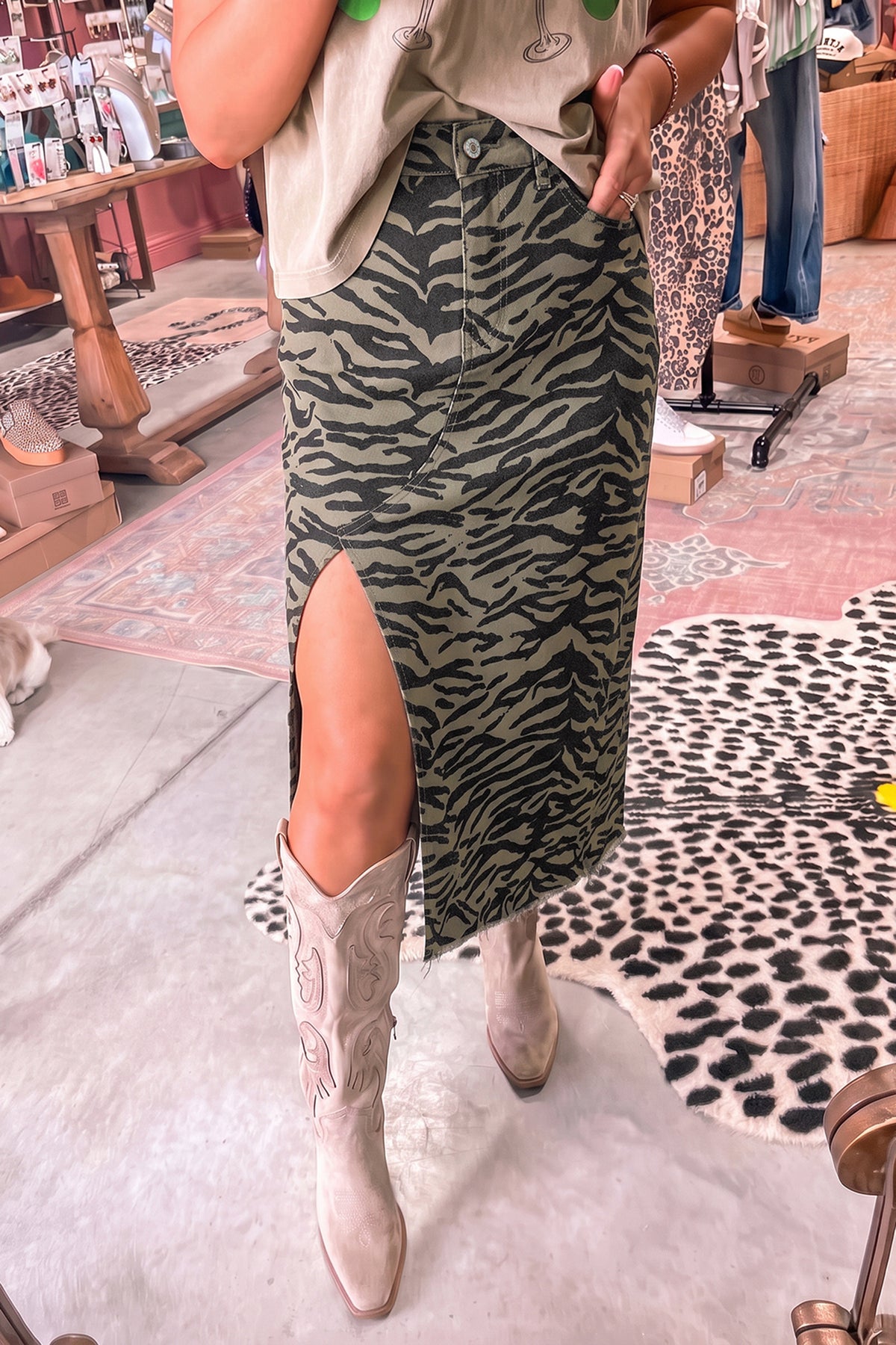 Leopard Denim Midi Skirt