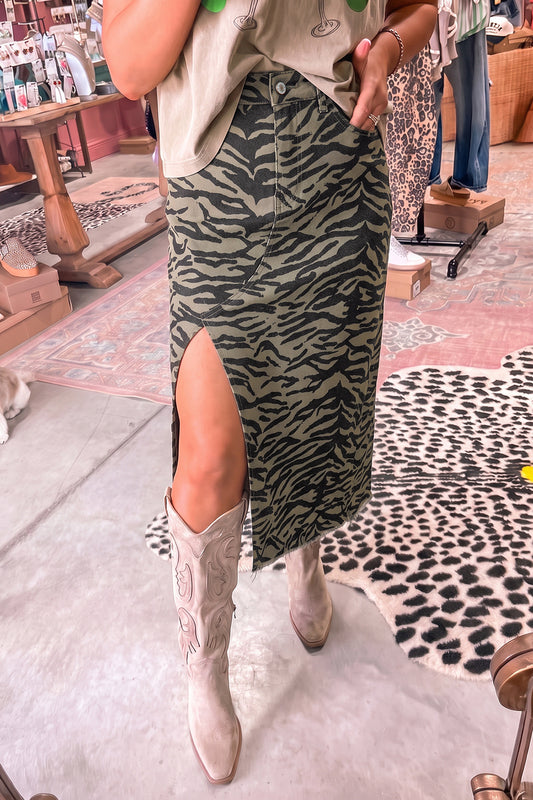 Leopard Denim Midi Skirt