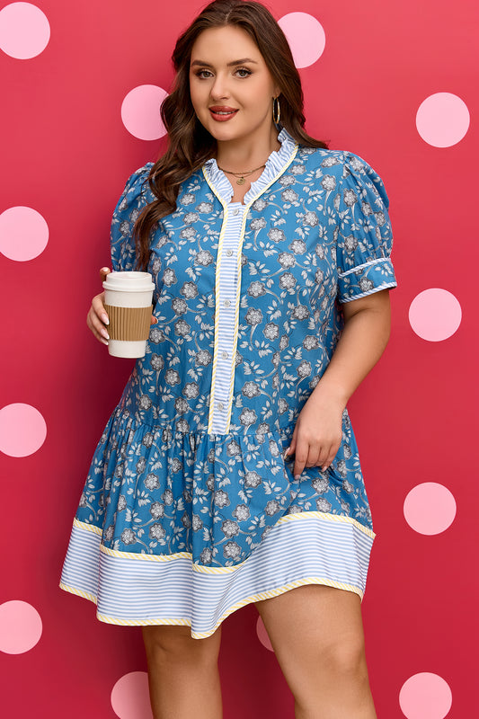 Blue Floral Stripe Ruffle Dress