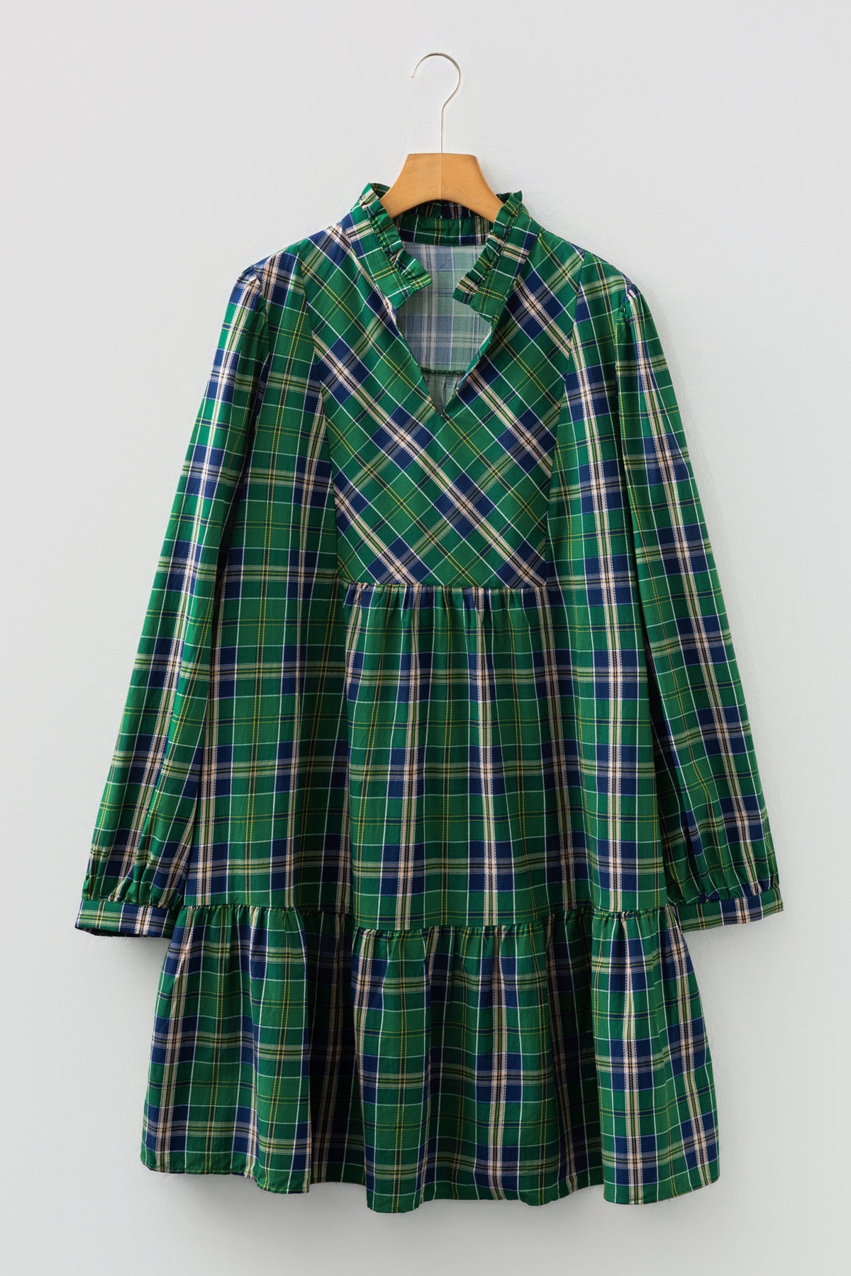Green Plaid Notched-Neck Mini Dress