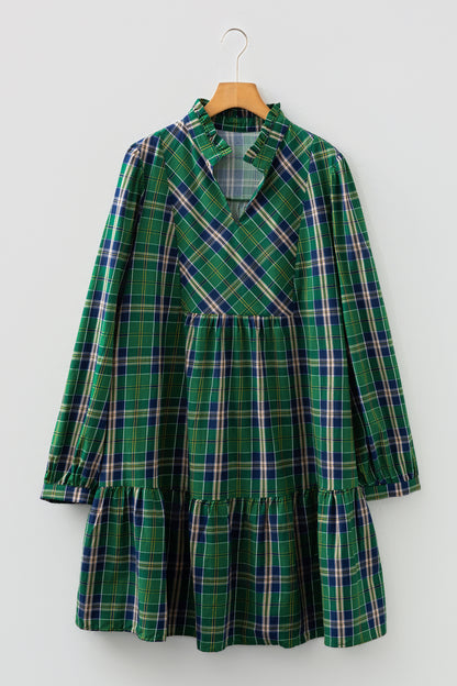 Green Plaid Notched-Neck Mini Dress