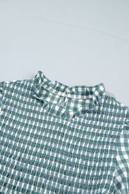 Gingham Shirred Long Sleeve Peplum Top — product image 6