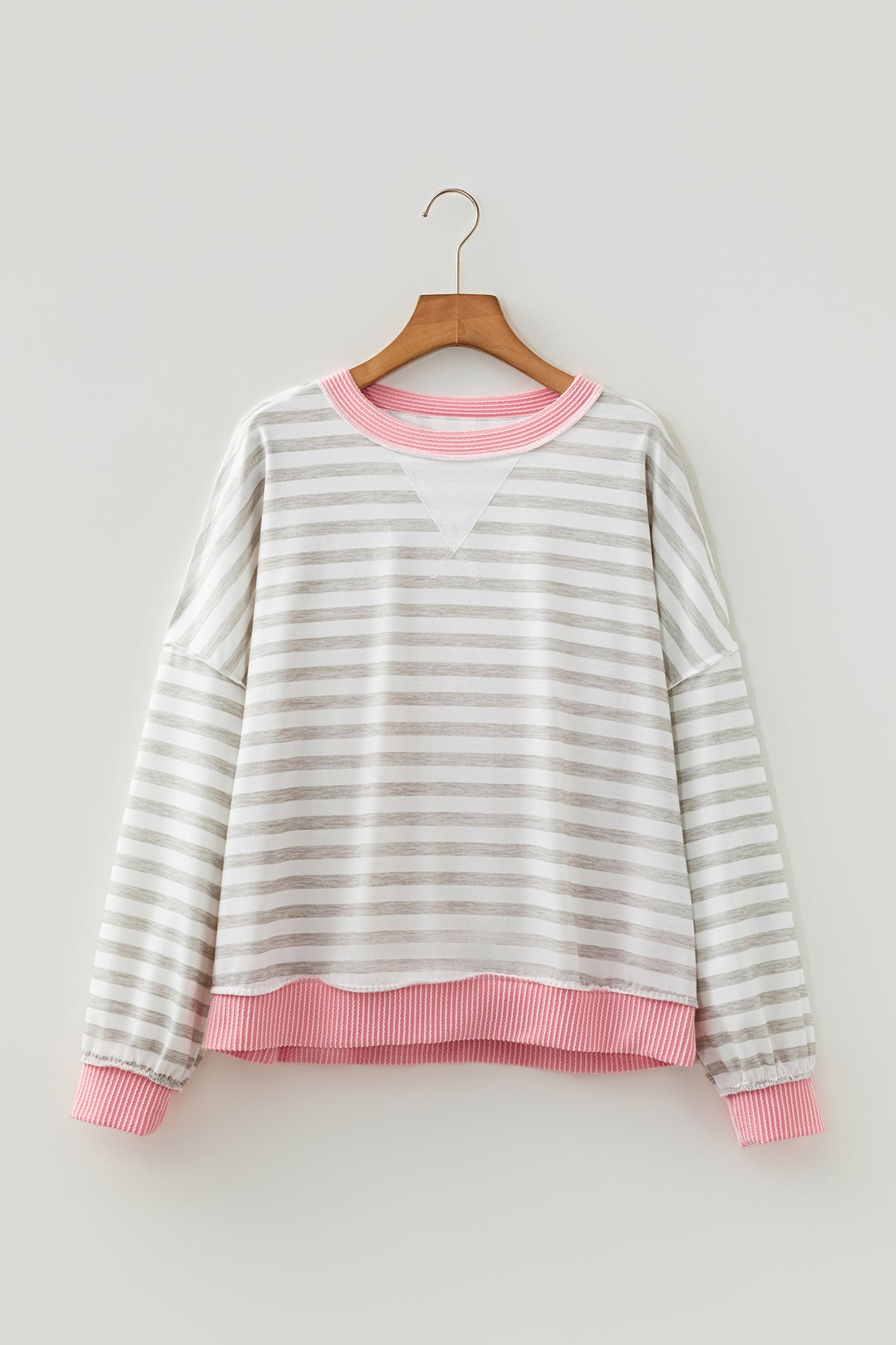Pink Stripe Rib-Trim Long Sleeve Top