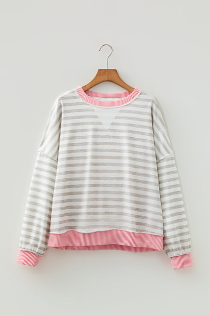 Pink Stripe Rib-Trim Long Sleeve Top