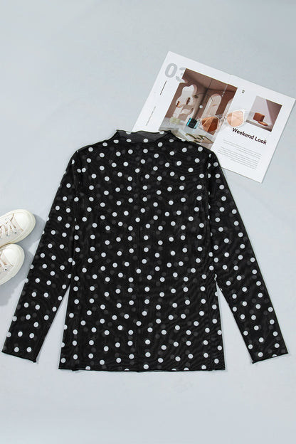 Plus Size Polka Dot Mesh Mock Neck Top