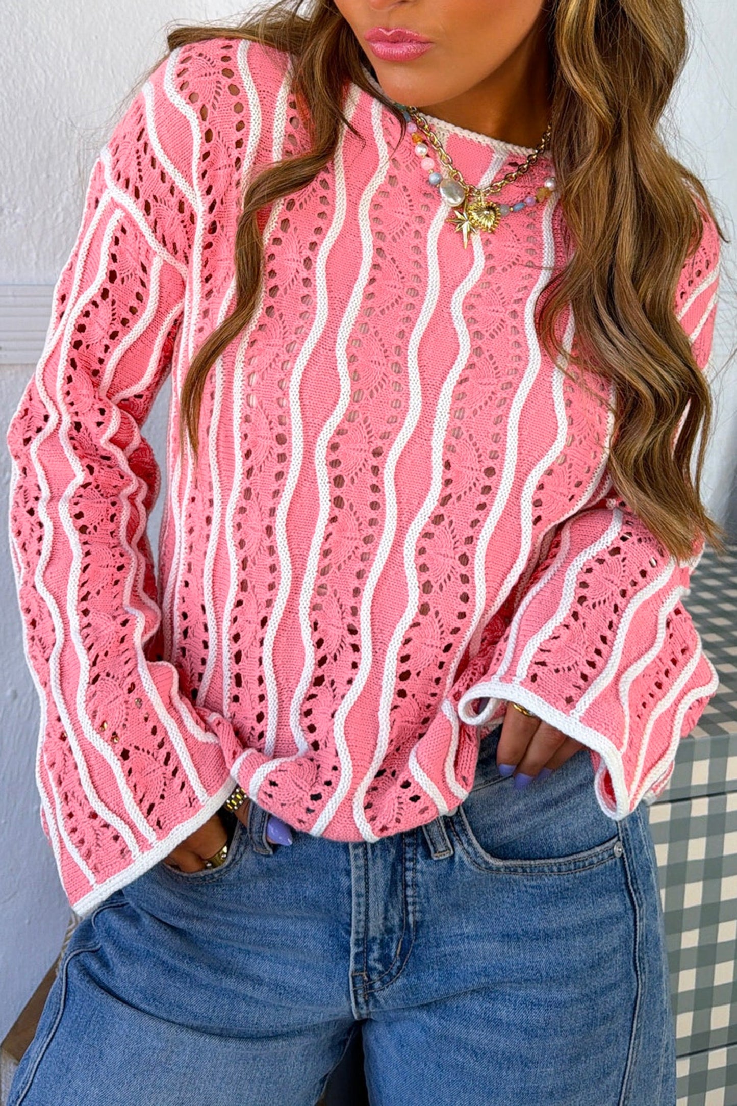Cloud Nine Wavy Eyelet Knit Sweater