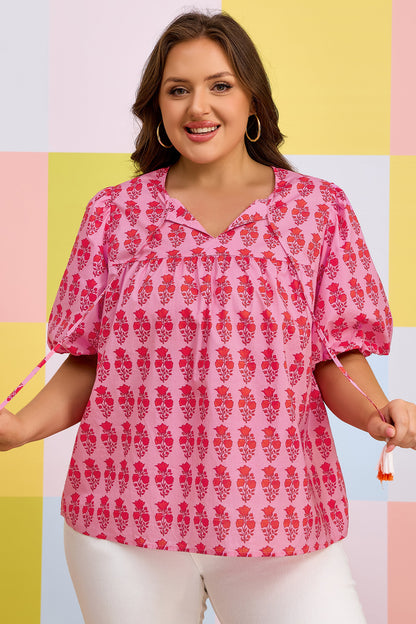 Pink Floral Tassel-Tie Blouse