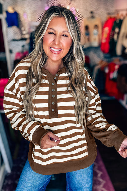Brown Stripe Exposed-Seam Henley Sweatshirt