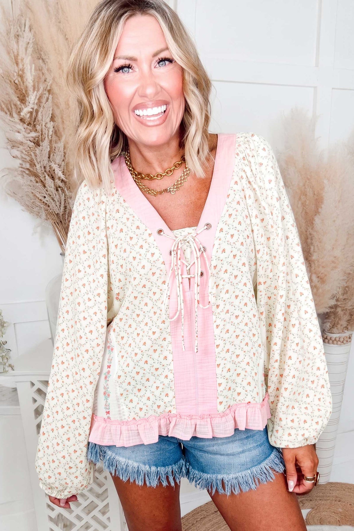 Floral Contrast-Trim Lace-Up Blouse