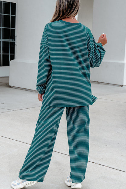 Green Stripe Dropped Shoulder Long Sleeve Top Elastic Waist Pants Casual 2pcs Set