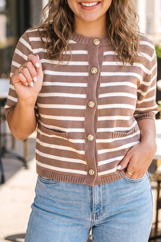 Plus Size Striped Short Sleeve Cardigan