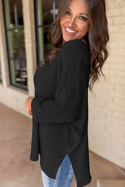 Waffle Knit Side Slits Loose Fit V Neck Top
