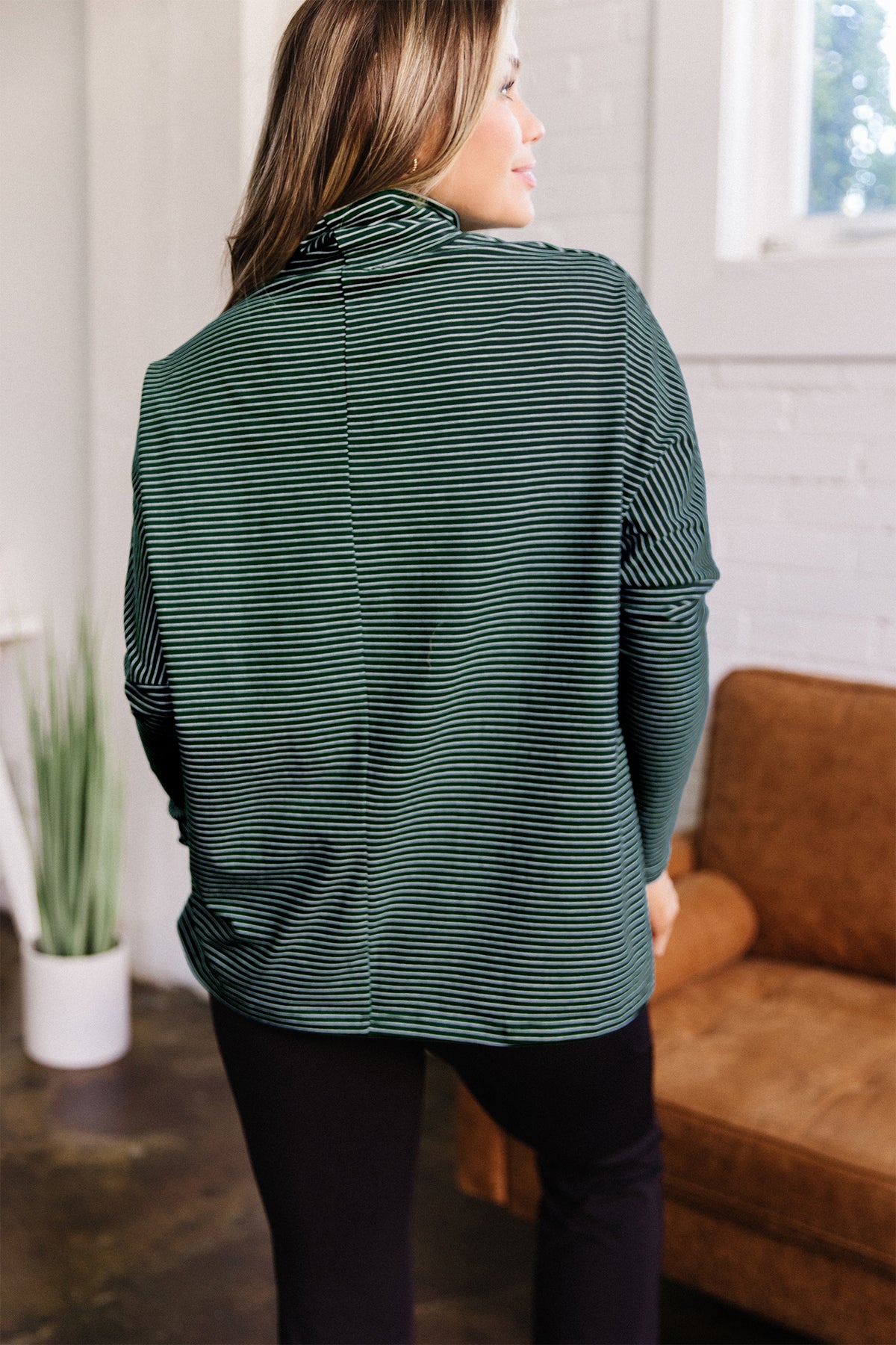 Striped High-Neck Drop-Shoulder Top