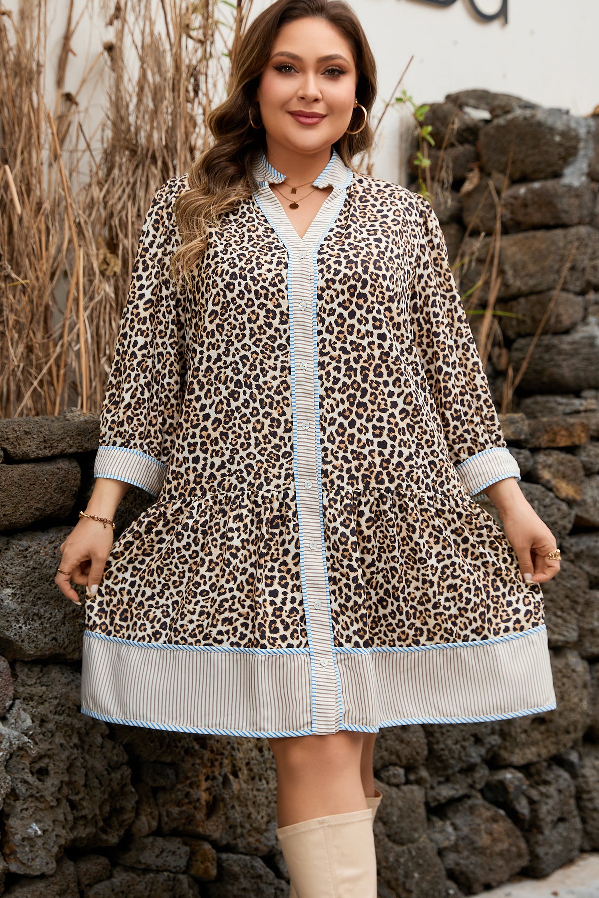 Khaki Leopard Stripe-Trim Mini Dress