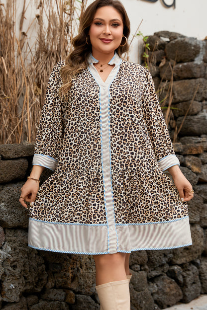 Khaki Leopard Stripe-Trim Mini Dress