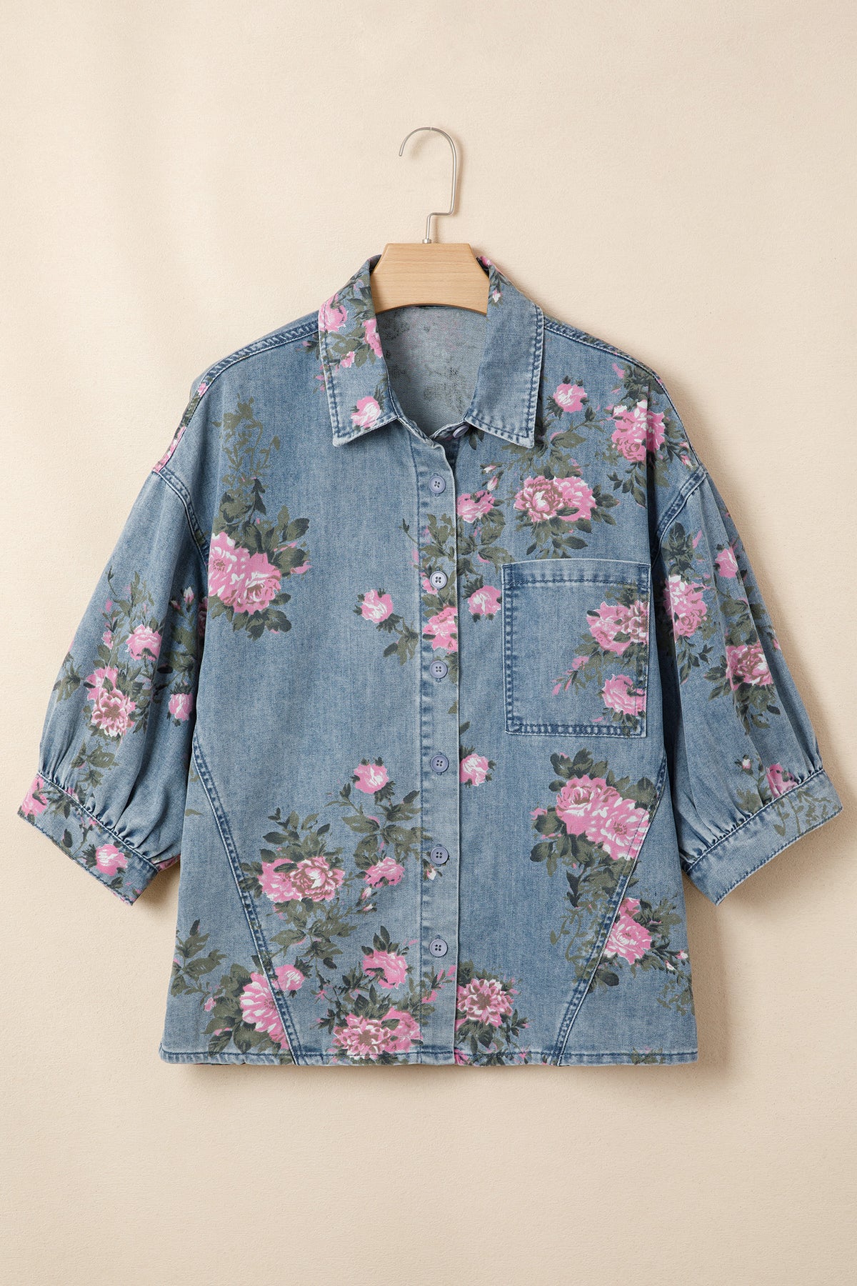 Floral Denim Bracelet-Sleeve Shirt