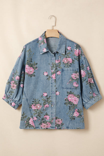 Floral Denim Bracelet-Sleeve Shirt