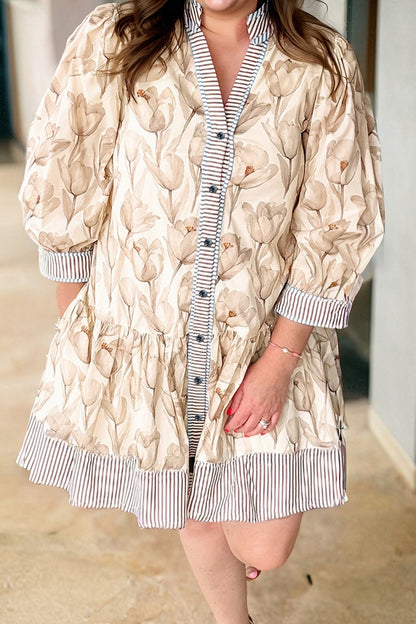 Plus Size Floral Stripe Trim Patchwork Button-Up Dress