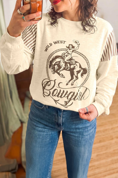 Jet Stream Western Print Striped Detail Long Sleeve Top