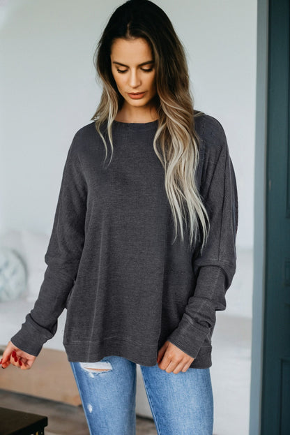 Waffle Knit Patchwork Long Sleeve Loose Top