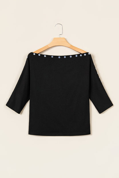 Solid Buttoned Off Shoulder 3/4 Sleeve Top