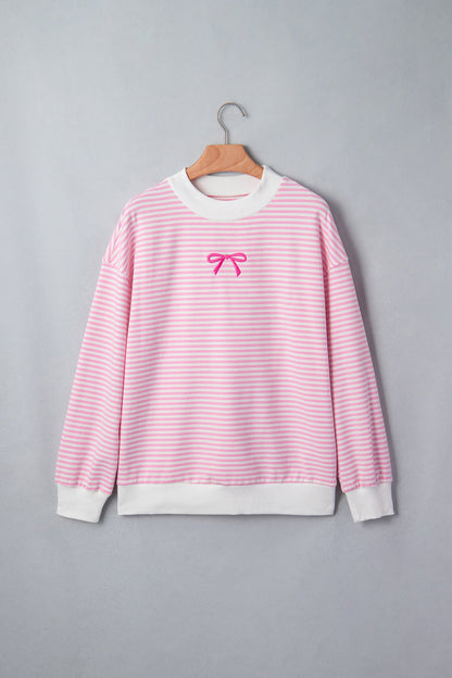Stripe Bow Embroidered Contrast Mock Neck Sweatshirt