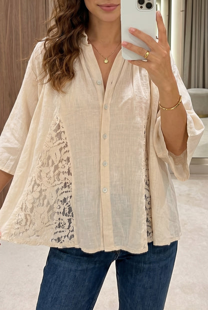 Sheer Lace Bracelet-Sleeve Shirt