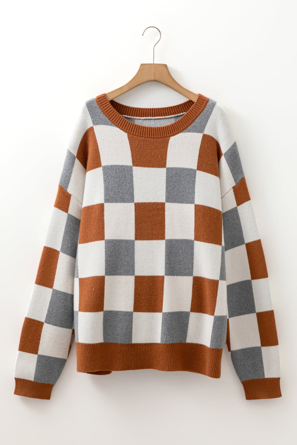Brown Checkered Crewneck Sweater