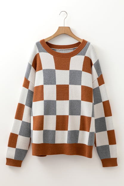 Brown Checkered Crewneck Sweater