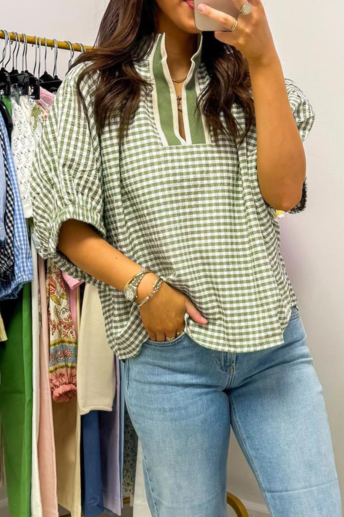 Plaid Colorblock Split-Neck Blouse
