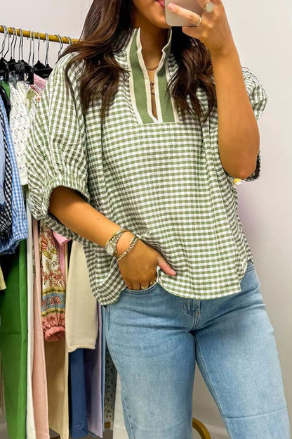 Plaid Colorblock Split-Neck Blouse